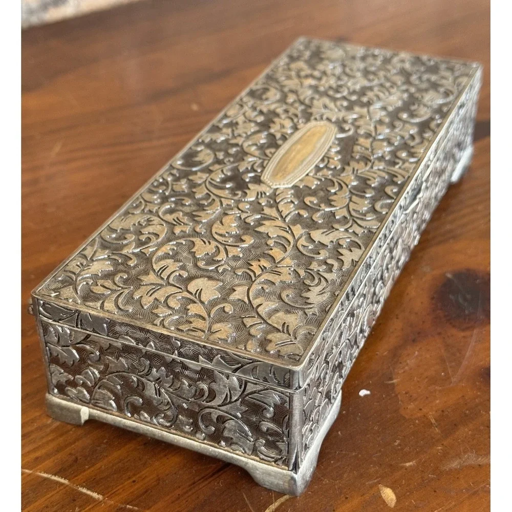 Vintage Jewelry Casket Silver Tone Floral Etched Box w/ Red Velvet Lining Heavy